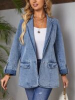 Turn-Down Collar Rolled Sleeve Denim Jacket B2