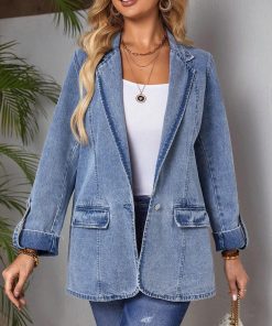 Turn-Down Collar Rolled Sleeve Denim Jacket B2